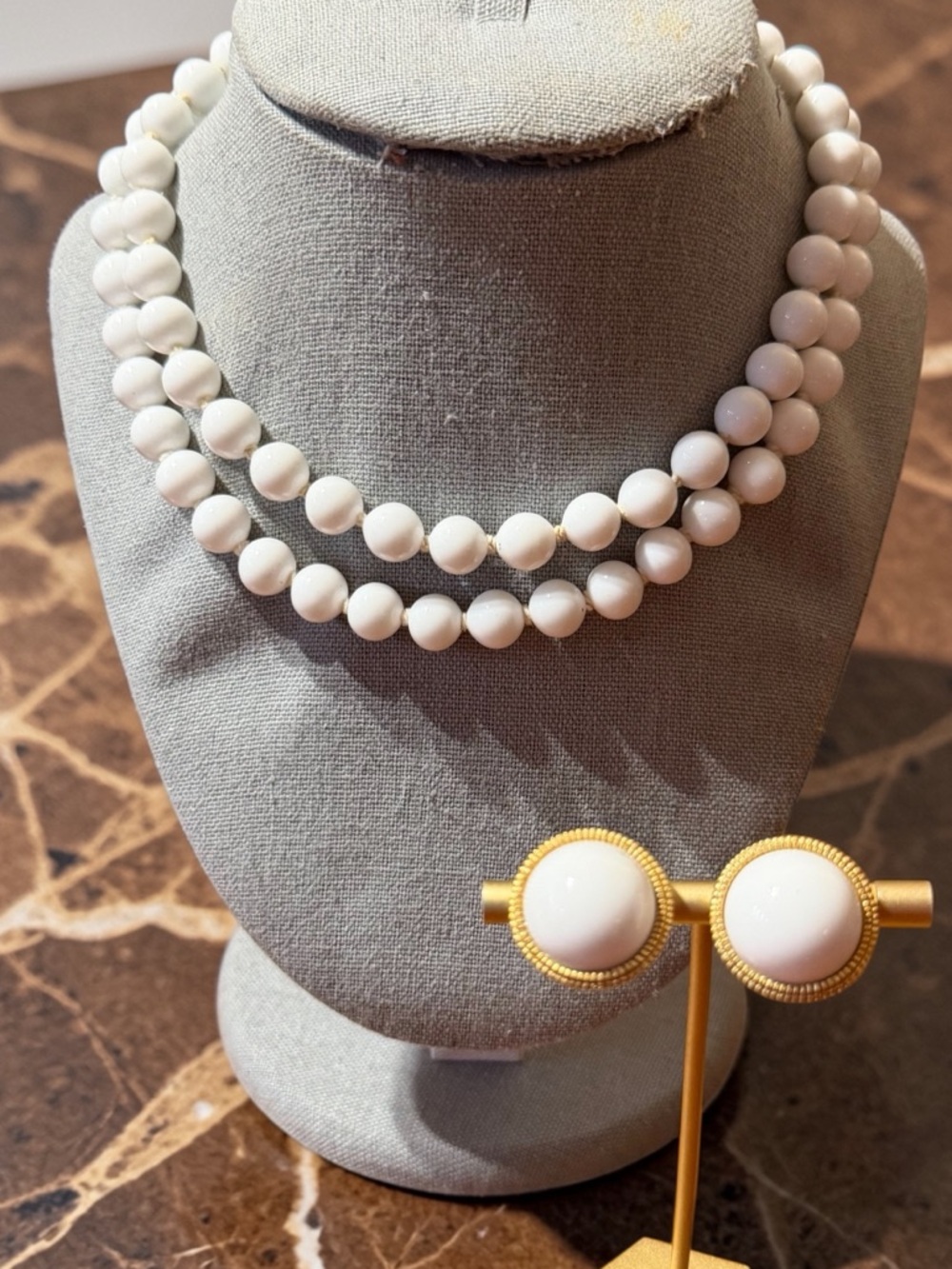 VTG White Milk Glass Double Strand Necklace with White Clip On Trifari Earrings